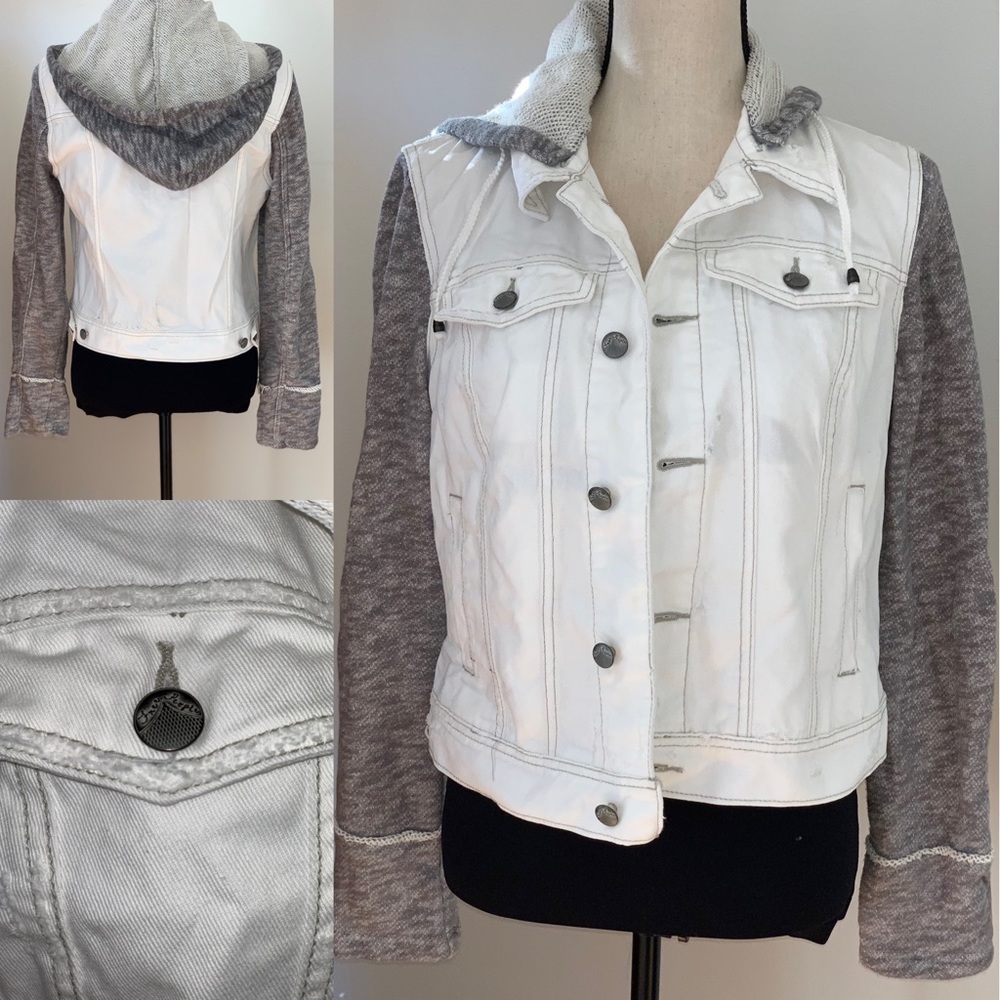 Free People white distressed & knit hooded jacket